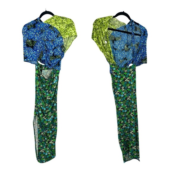 Zara Floral Midi Dress Stretch Asymmetrical Blue Green Print Blogger Fave SizeXS - Picture 4 of 16